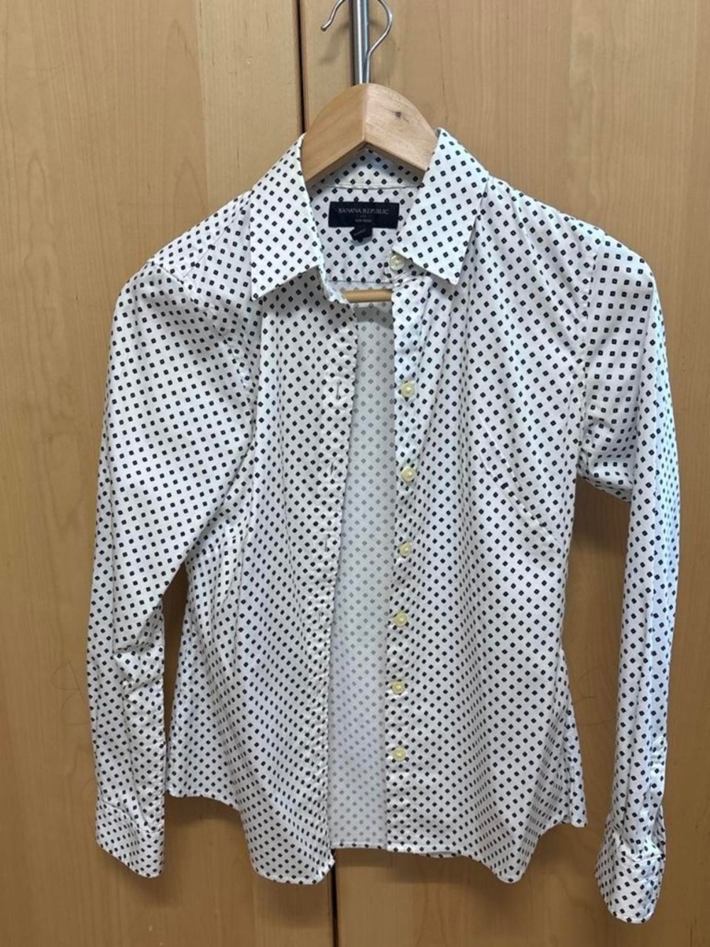 Banana Republic, white with black diamond pattern, button down shirt. Size 2